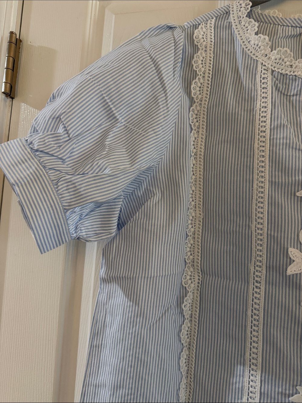 Blue Striped Lace-Trim Blouse - Picture 5 of 7